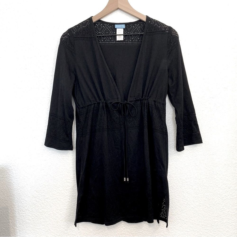 Y2K Dotti Swim Coverup Dress Tunic Black Size Medium Cutouts V Neck Pullover